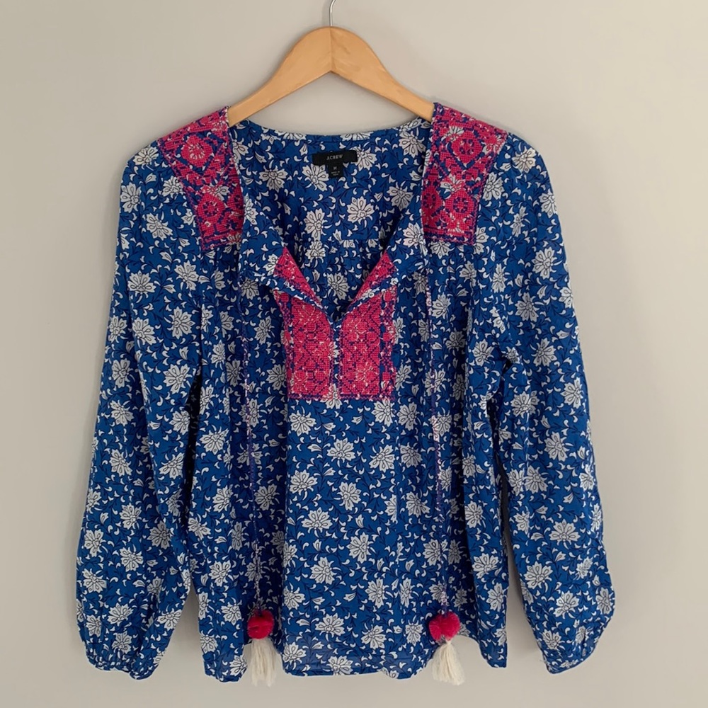 J. Crew Embroidered Cotton Voile Top Block Print AM848 Boho Tassels